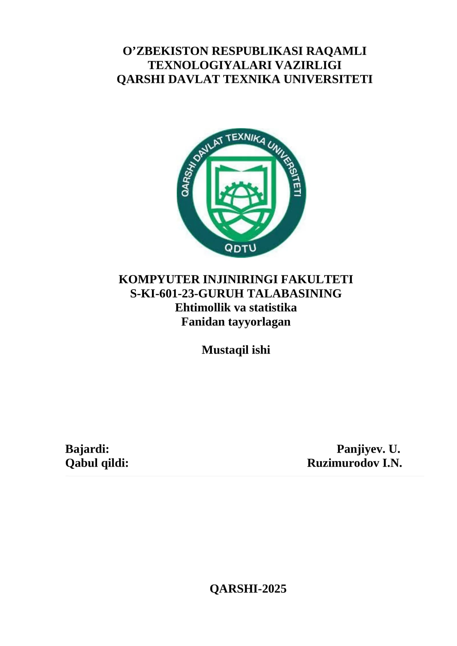 Ehtimollik va statistika Fanidan Tayyorlagan Mustaqil Ish