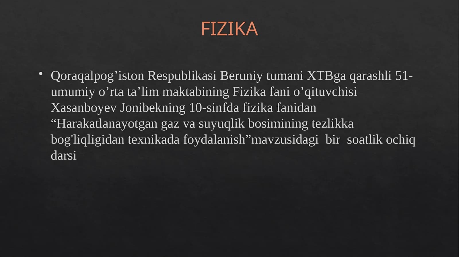 10-sinf Fizika Harakatlanayotgan gazlar va suyuqliklarda bosimning tezlikka bog'liqligidan texnikada foydalanish