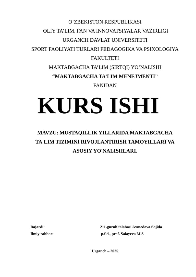 MAKTABGACHA TA'LIM MENEJMENTI