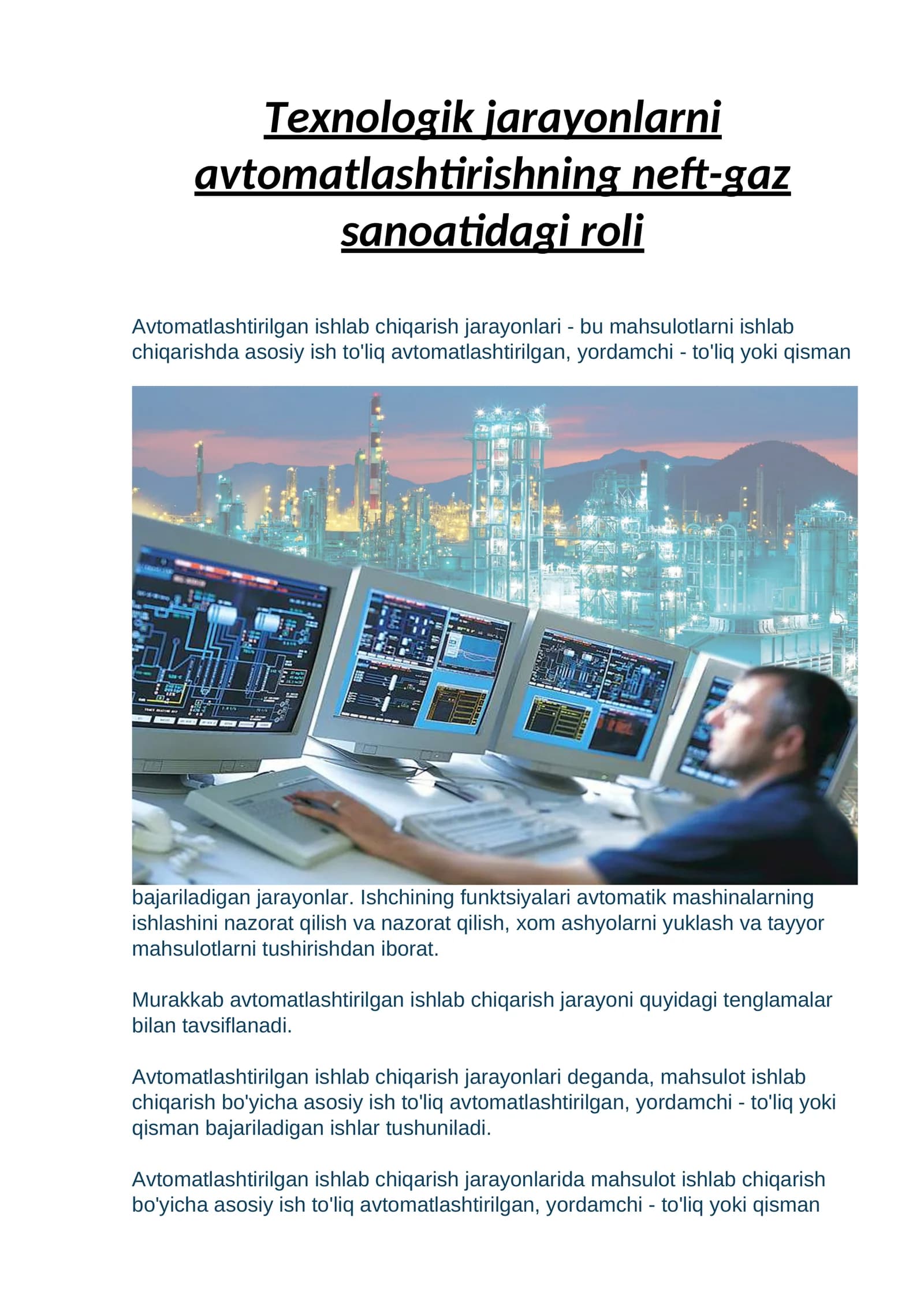 Texnologik jarayonlarni avtomatlashtirishning neft-gaz sanoatidagi roli