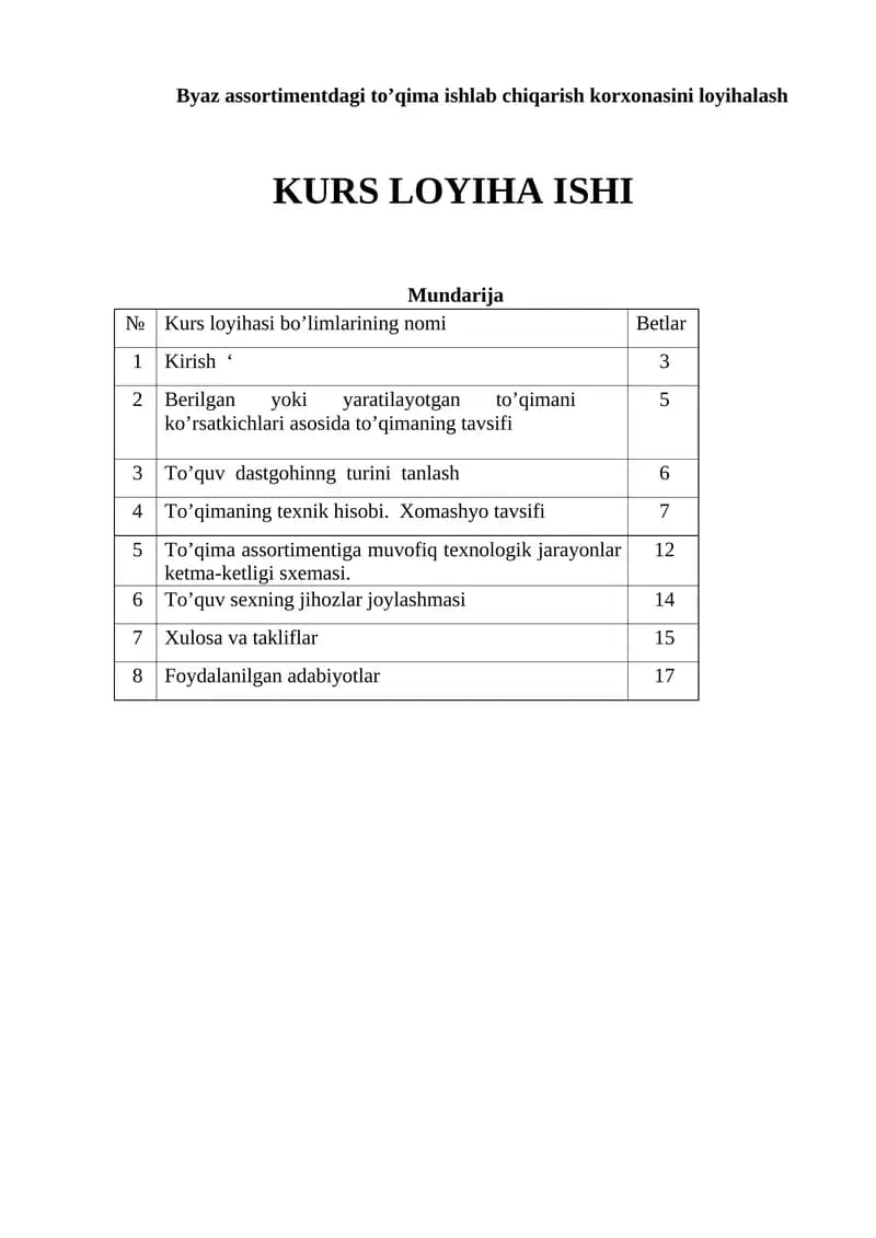 Byaz assortimentdagi to’qima ishlab chiqarish korxonasini loyihalash kurs ishi