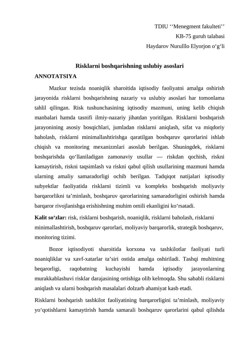 Risklarni boshqarishning uslubiy asoslari