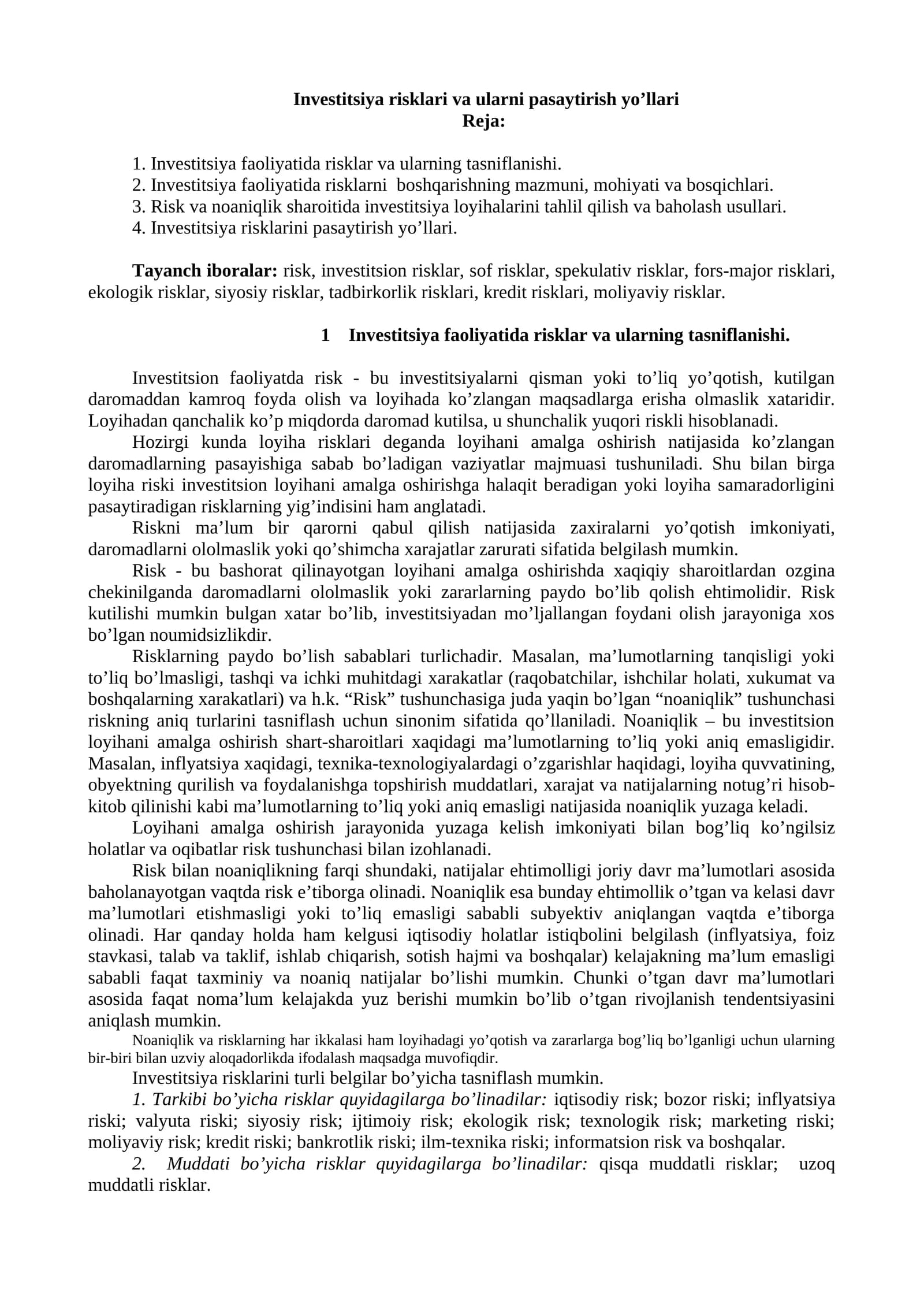 Investitsiya risklari va ularni pasaytirish yo’llari