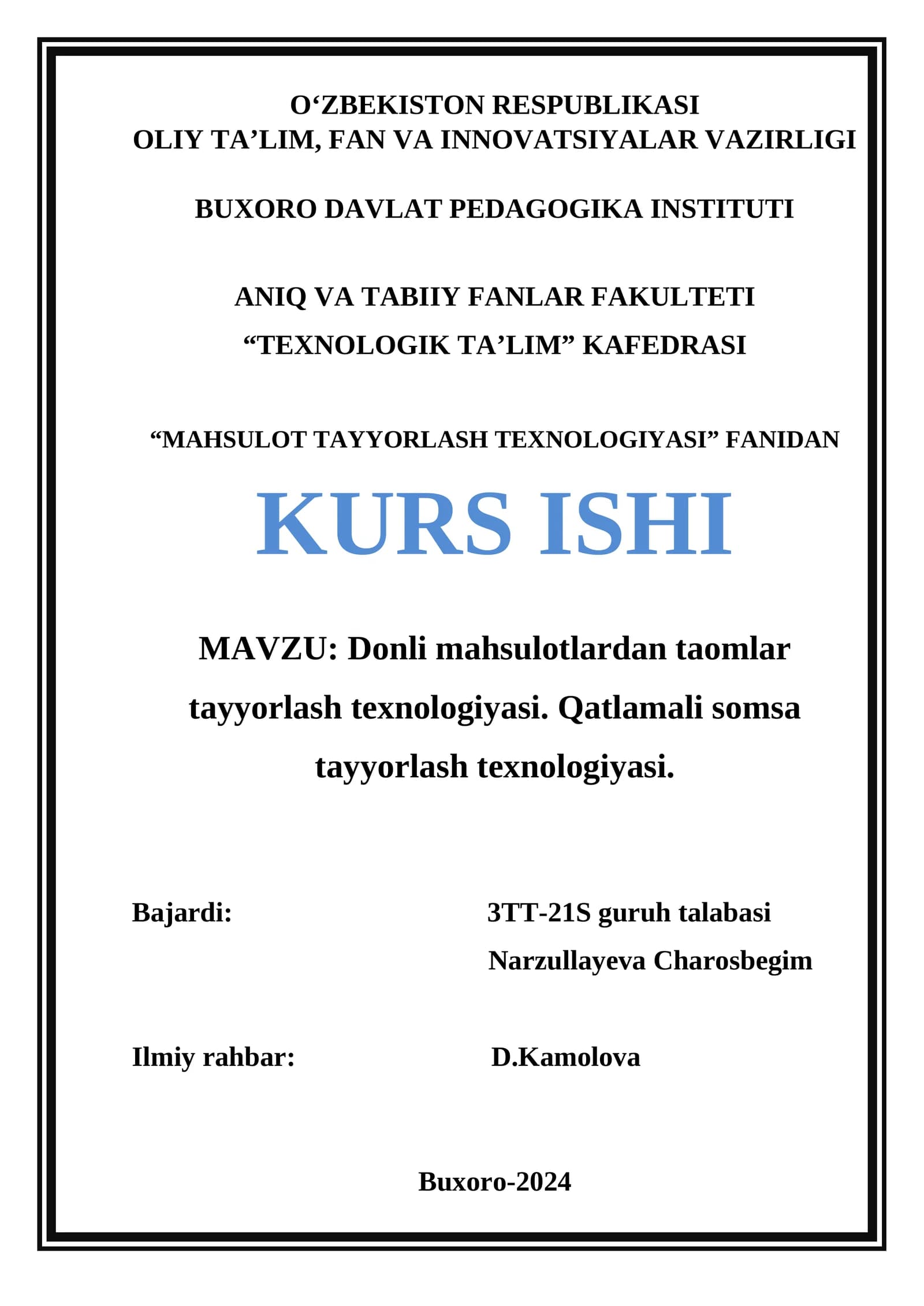 Mahsulot Tayyarlash Texnologiyasi Kurs Ishi