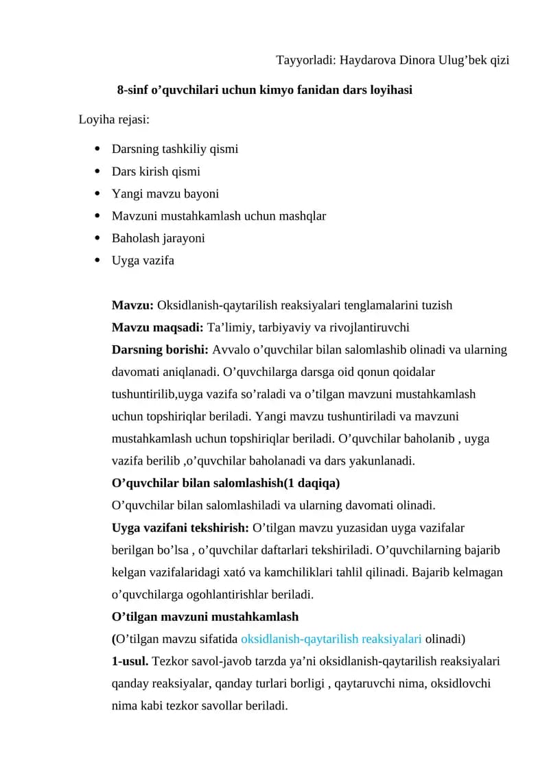 Oksidlanish qaytarilish reaksiyalari tenglamalarini tuzish