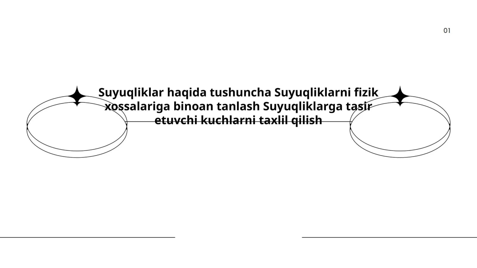 Suyuqliklar haqida tushuncha Suyuqliklarni fizik xossalariga binoan tanlash Suyuqliklarga tasir etuvchi kuchlarni taxlil qilish