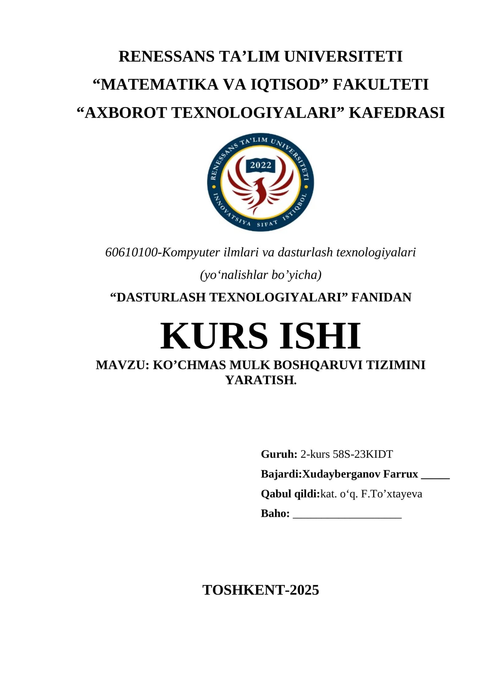 Ko'chmas Mulk Boshqaruvini Yaratish