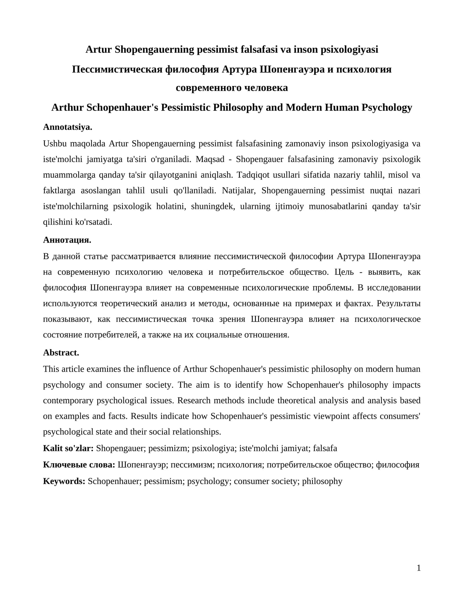 Artur Shopengauerning pessimist falsafasi va inson psixologiyasi