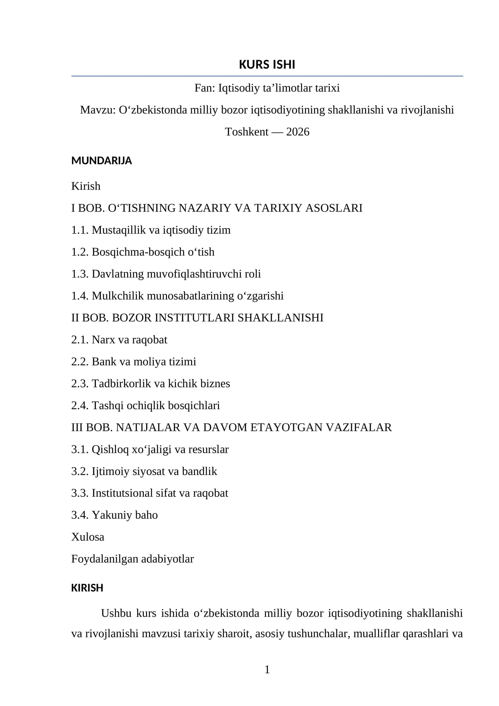 O‘zbekistonda milliy bozor iqtisodiyotining shakllanishi va rivojlanishi