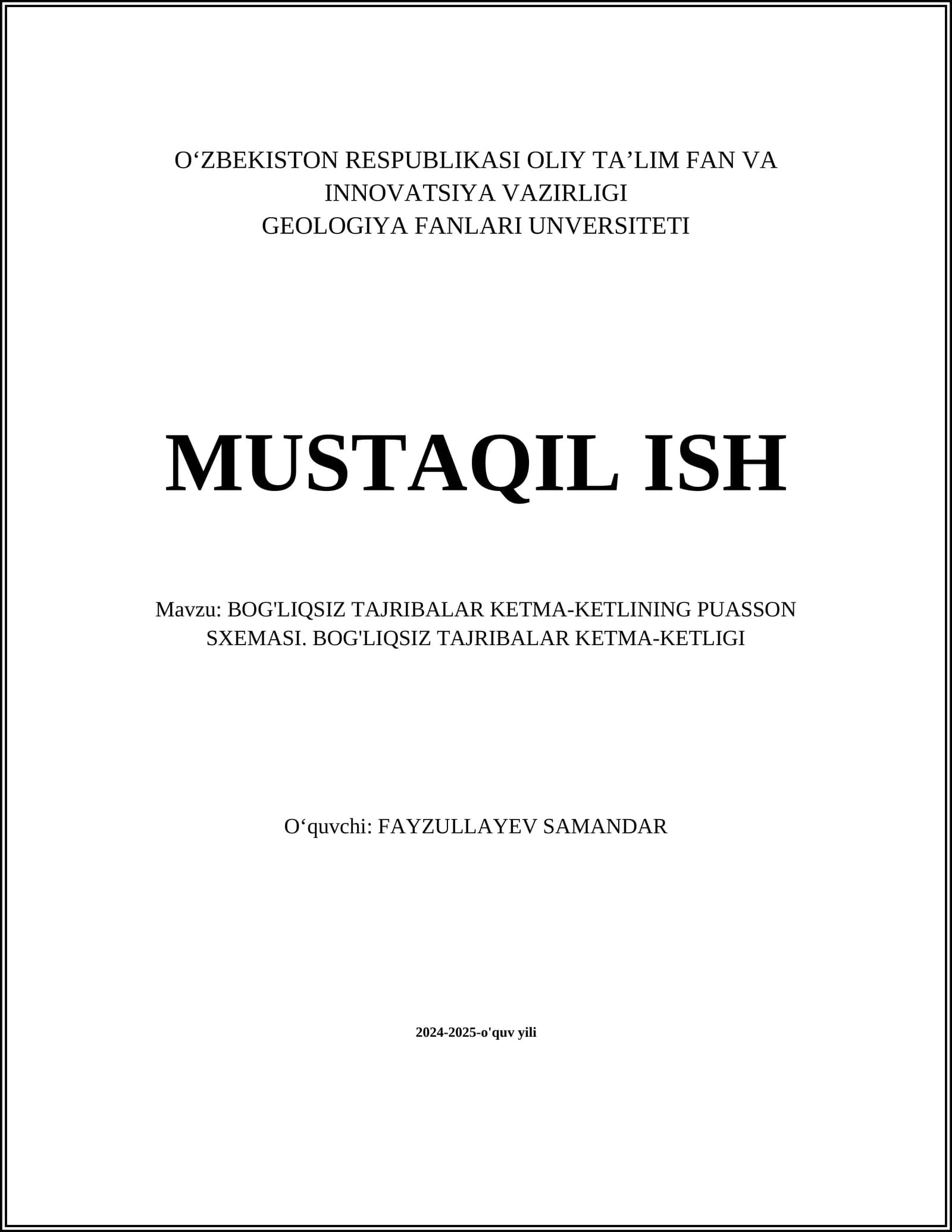 BOG'LIQSIZ TAJRIBALAR KETMA-KETLINING PUASSON SXEMASI