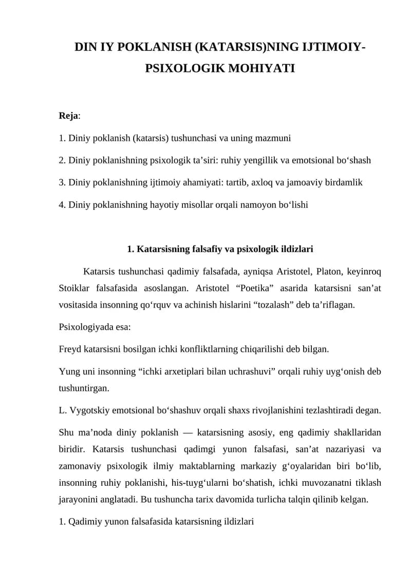 DIN IY POKLANISH (KATARSIS)NING IJTIMOIY-PSIXOLOGIK MOHIYATI