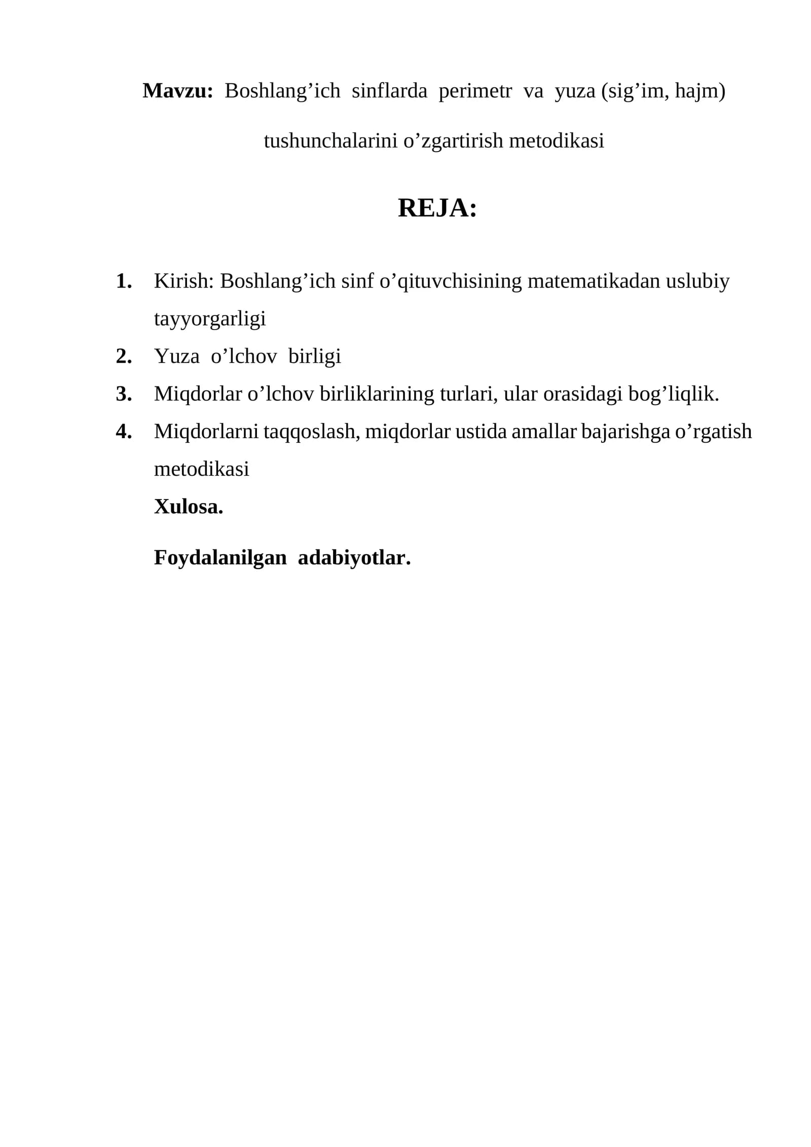 Boshlang’ich sinflarda perimetr va yuza (sig’im, hajm) tushunchalarini o’zgartirish metodikasi