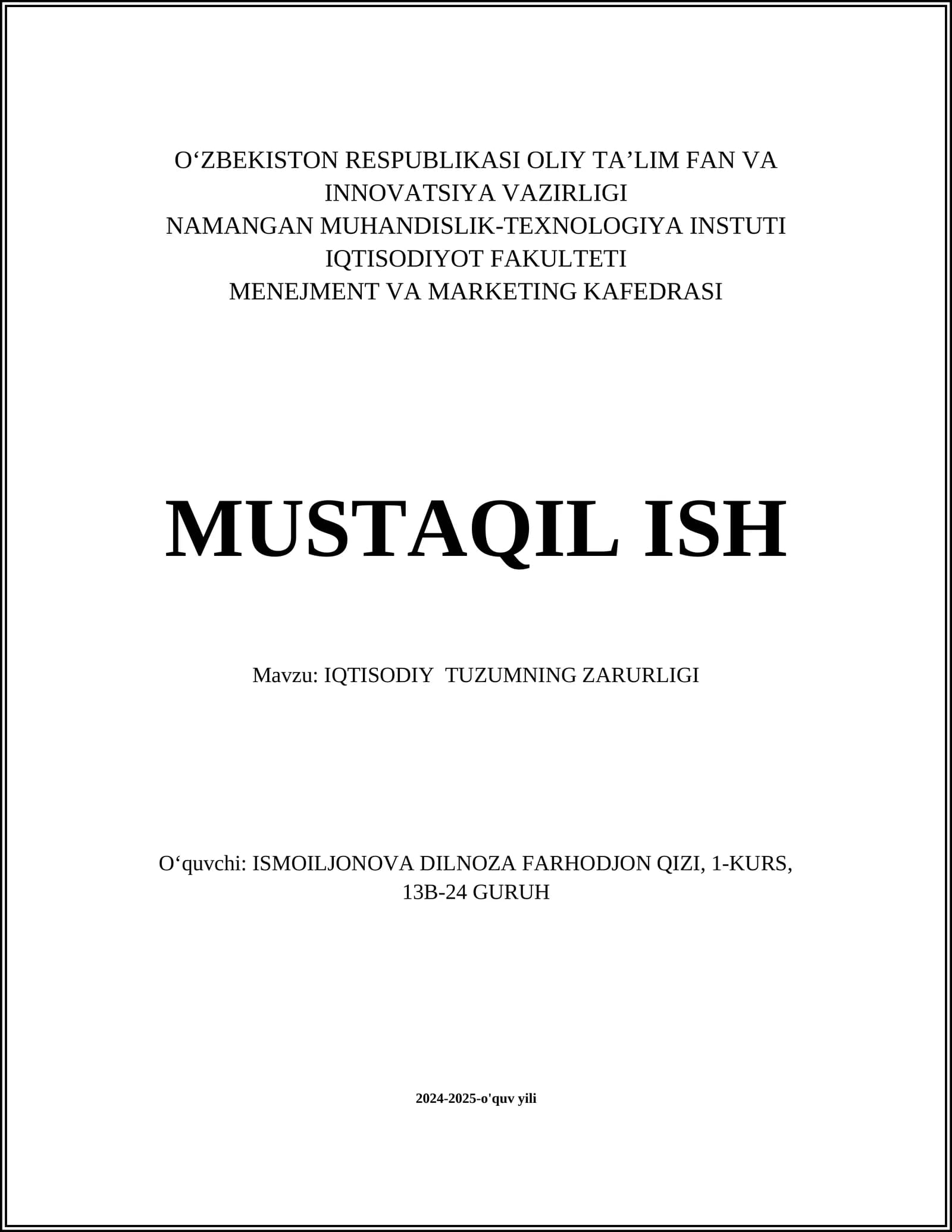 IQTISODIY TUZUMNING ZARURLIGI