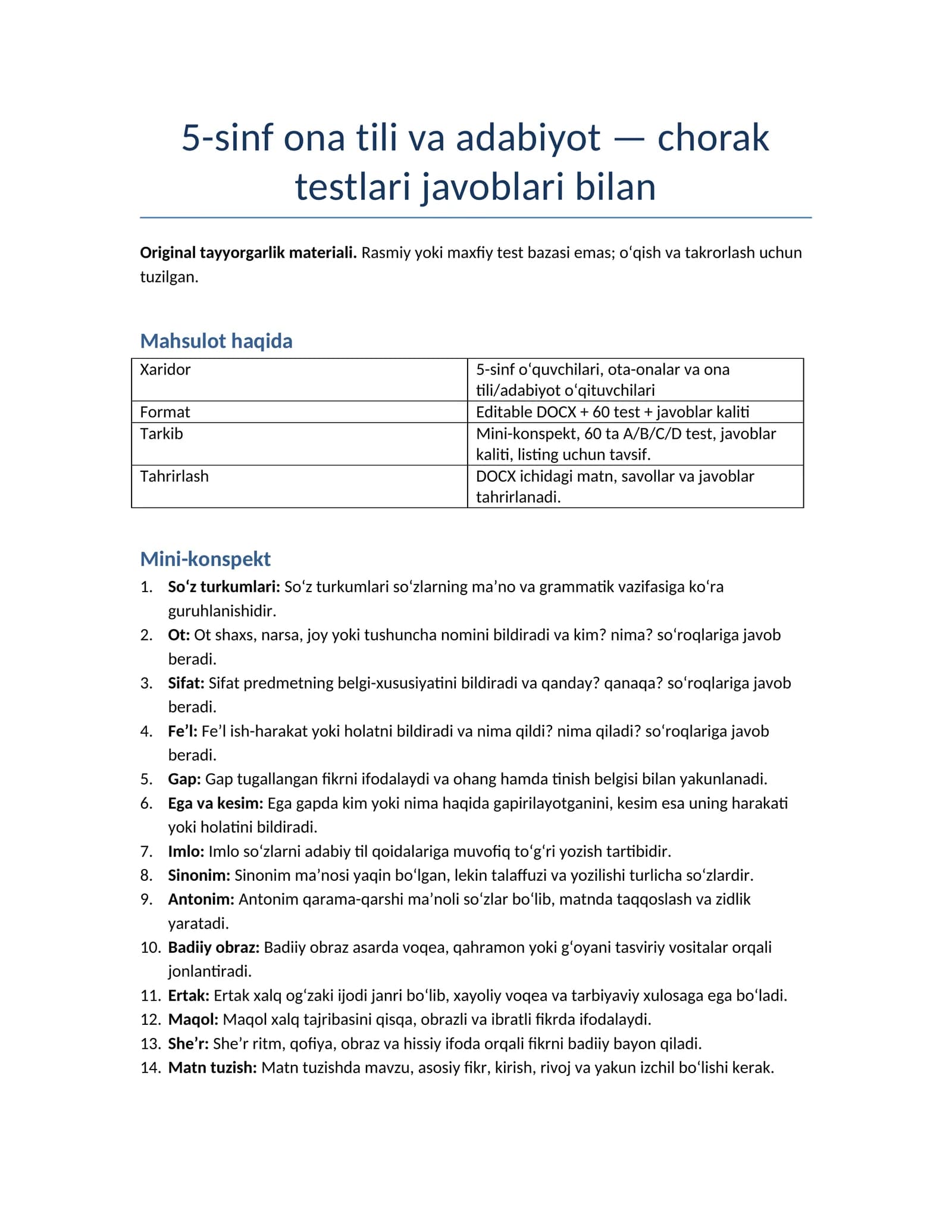 5-sinf ona tili va adabiyot — chorak testlari javoblari bilan