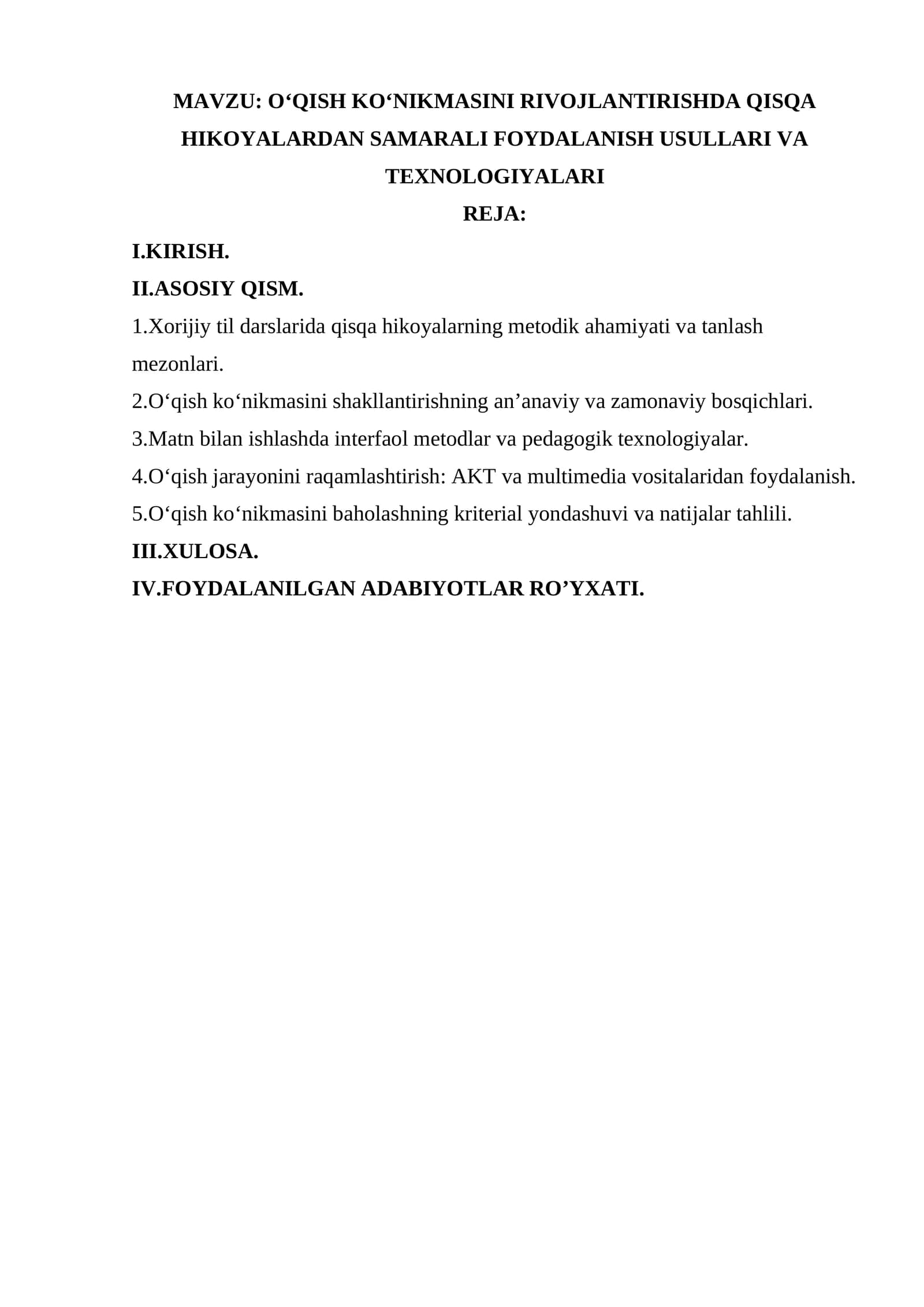 O‘QISH KO‘NIKMASINI RIVOJLANTIRISHDA QISQA HIKOYALARDAN SAMARALI FOYDALANISH USULLARI VA TEXNOLOGIYALARI