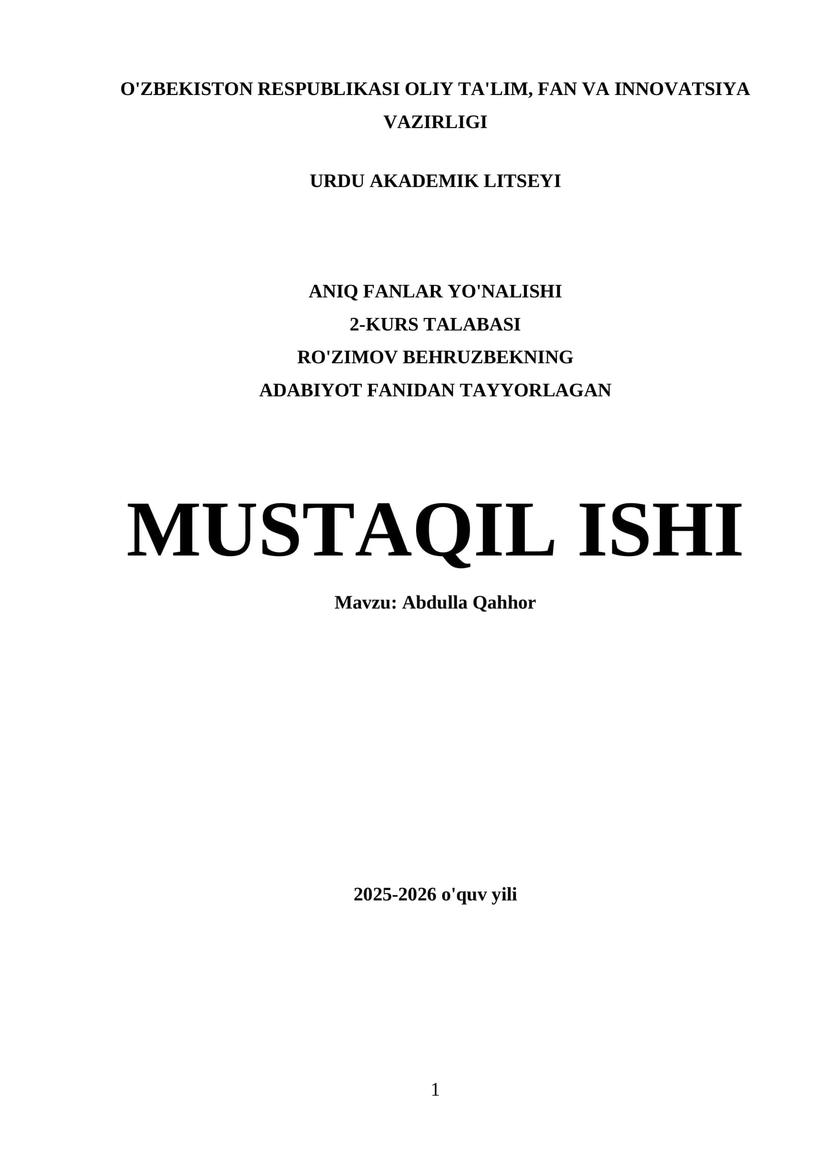 Abdulla Qahhorning Adabiyot Fanidan Tayyorlagan Mustaqil Ishi