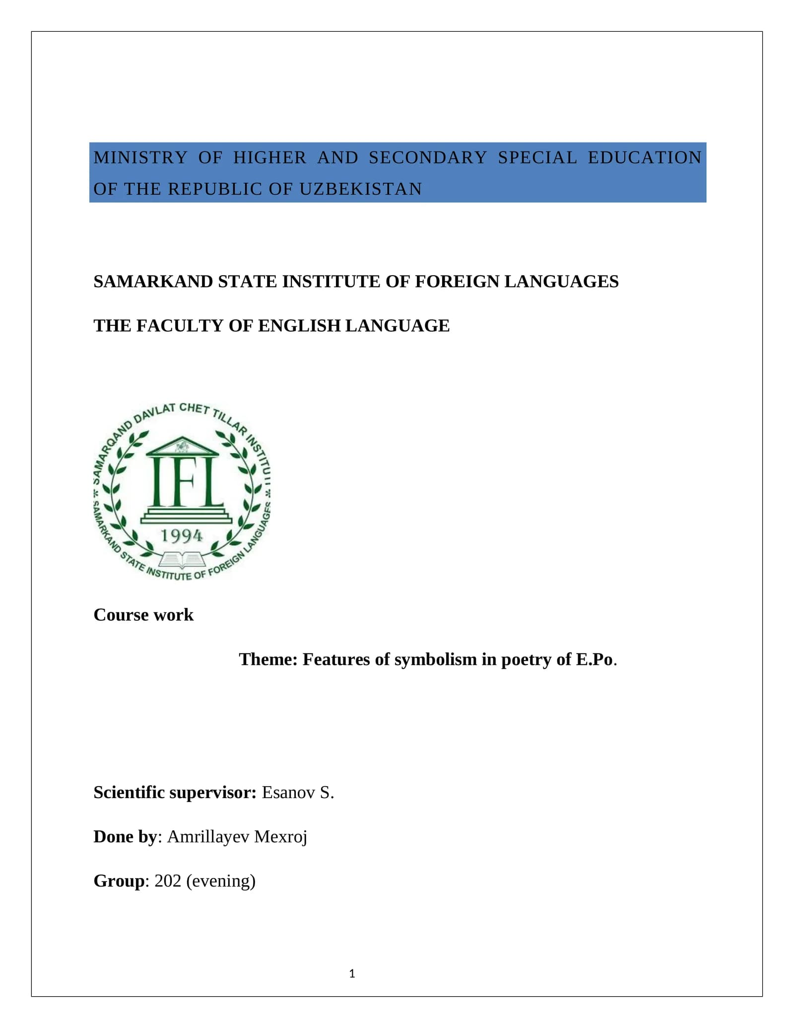Course work on Features of Symbolism in Poetry of E.Po