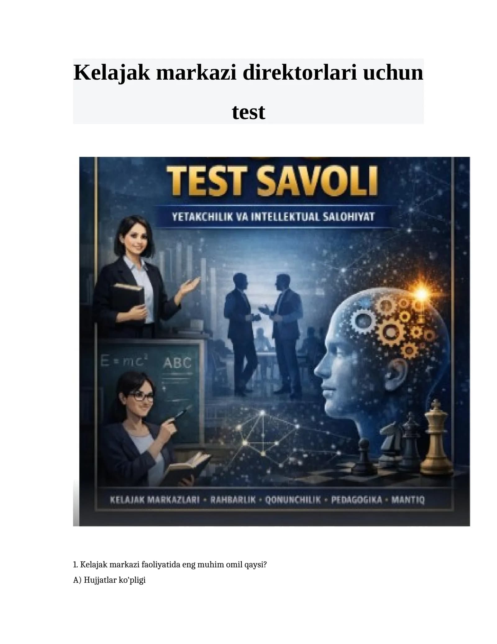 Kelajak markazi direktorlari uchun 200 ta testlar