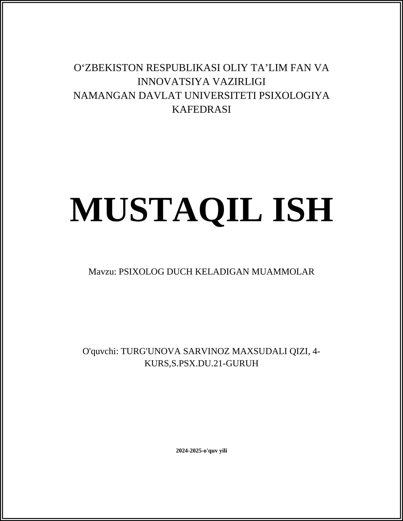 PSIXOLOG DUCH KELADIGAN MUAMMOLAR
