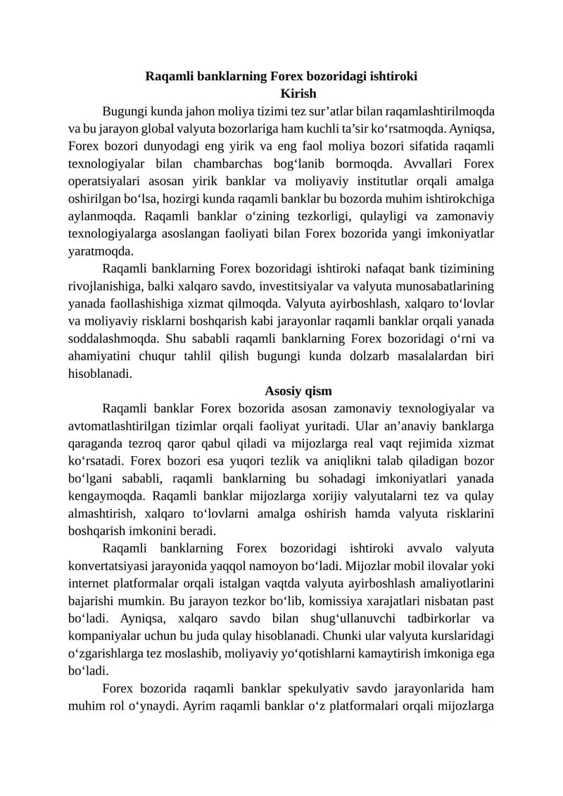 Raqamli banklarning Forex bozoridagi ishtiroki
