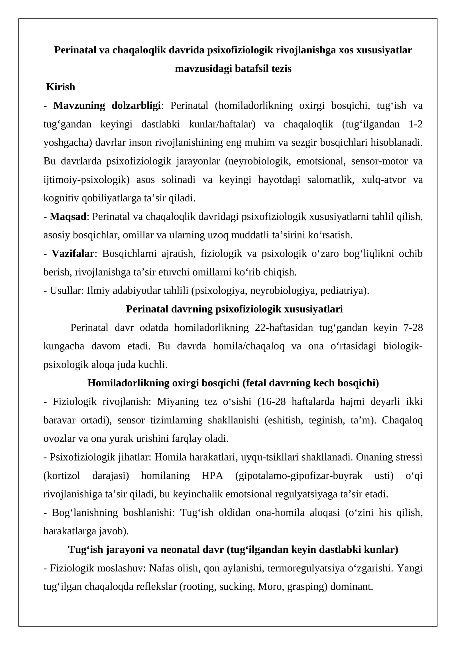 Perinatal va chaqaloqlik davrida psixofiziologik rivojlanishga xos xususiyatlar mavzusidagi batafsil tezis