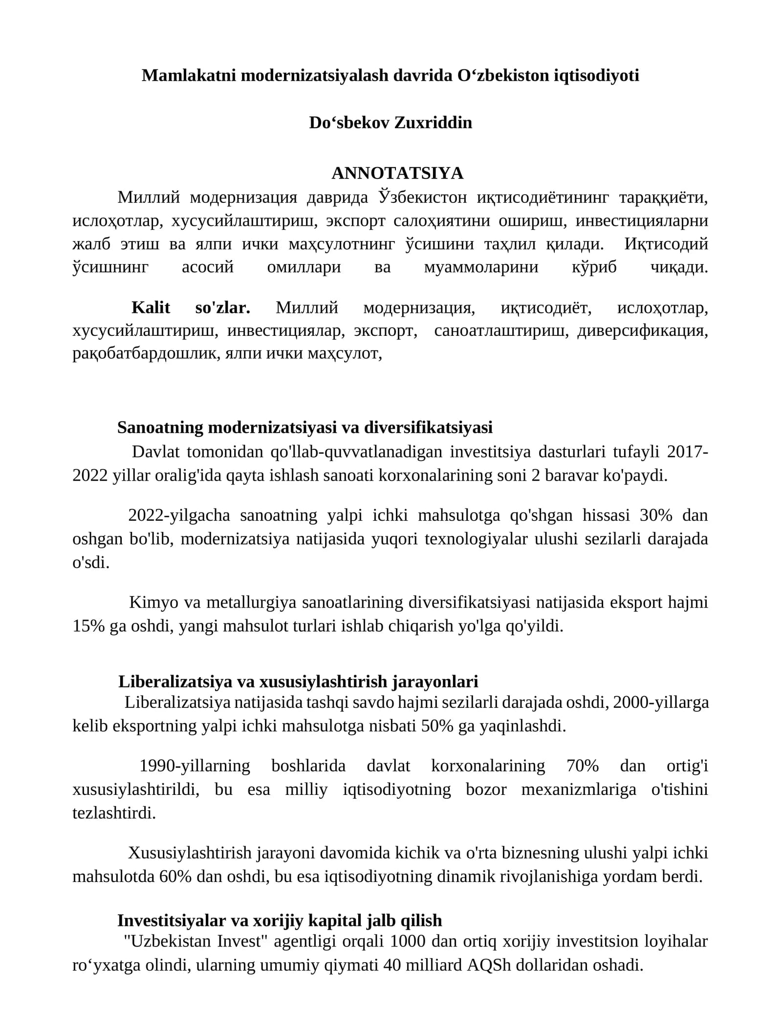 Mamlakatni modernizatsiyalash davrida Oʻzbekiston iqtisodiyoti