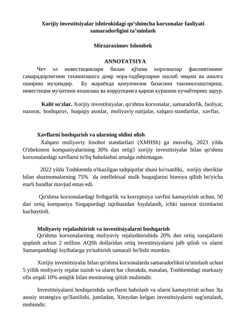Xorijiy investitsiyalar ishtirokidagi qoʻshimcha korxonalar faoliyati samaradorligini taʼminlash