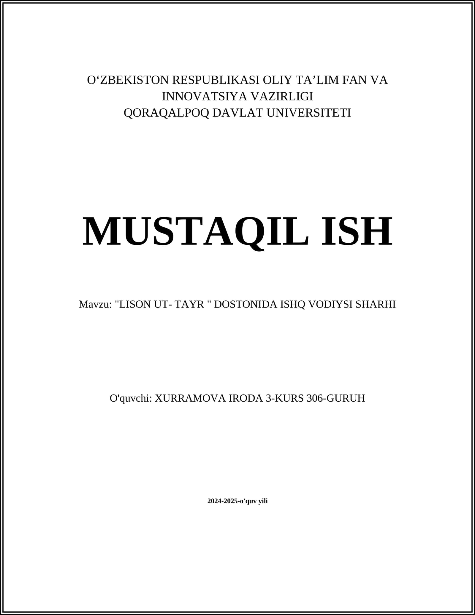 LISON UT- TAYR DOSTONIDA ISHQ VODIYSI SHARHI