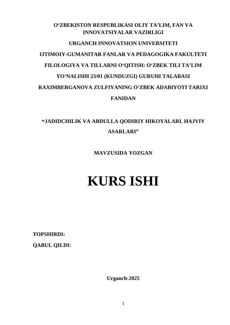 JADIDCHILIK VA ABDULLA QODIRIY HIKOYALARI. HAJVIY ASARLARI