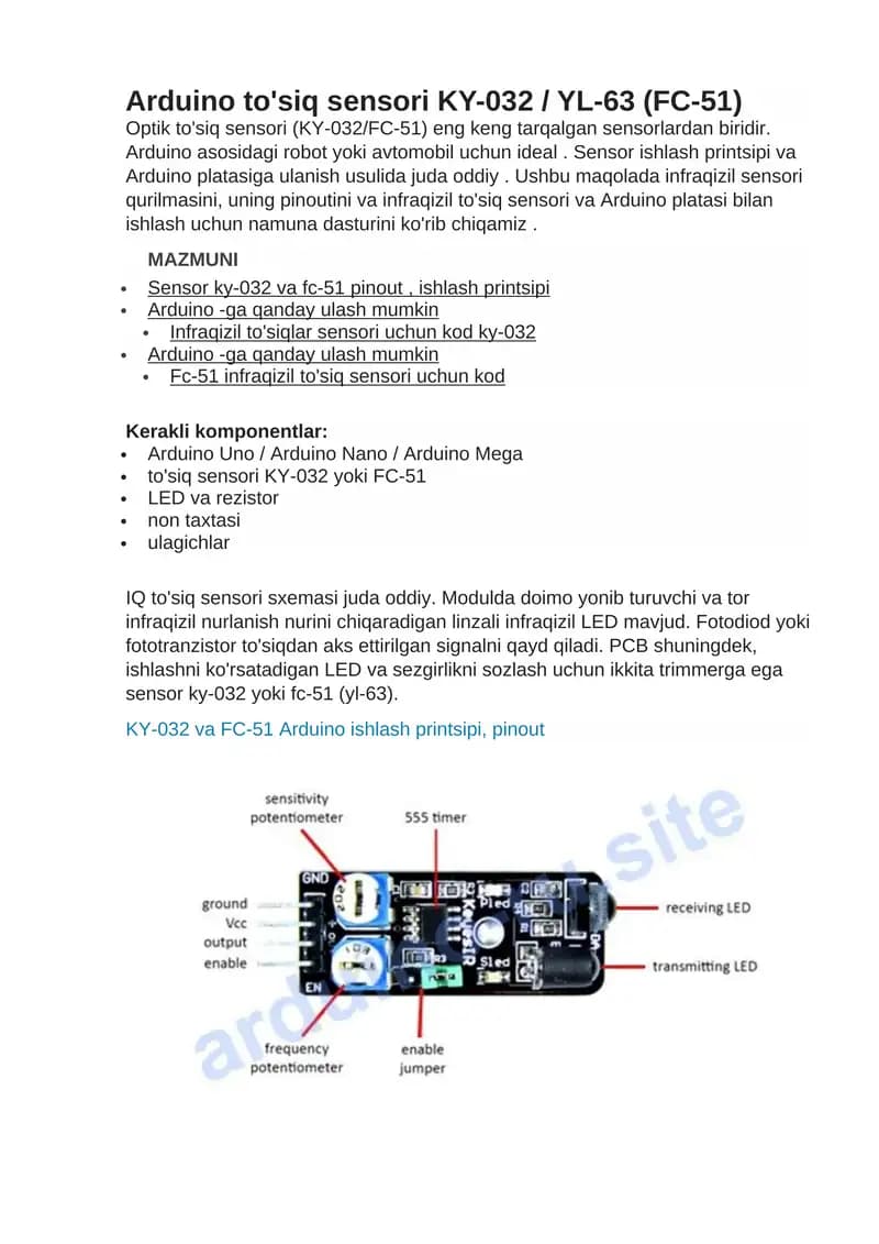 Arduino to'siq sensori KY-032 / YL-63 (FC-51)
