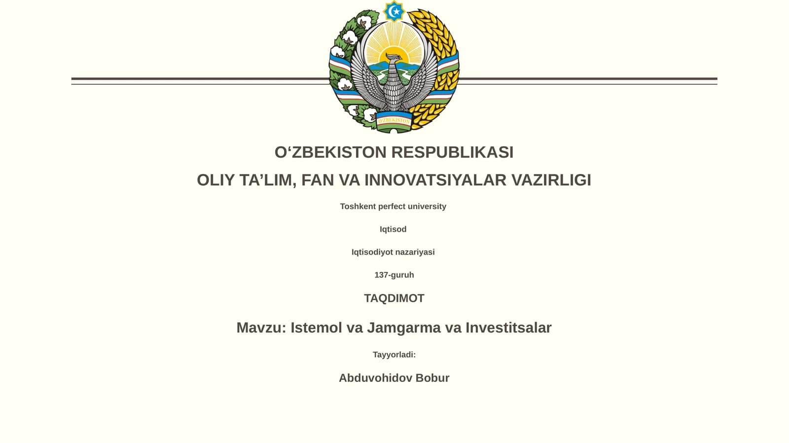 Istemol va Jamgarma va Investitsalar