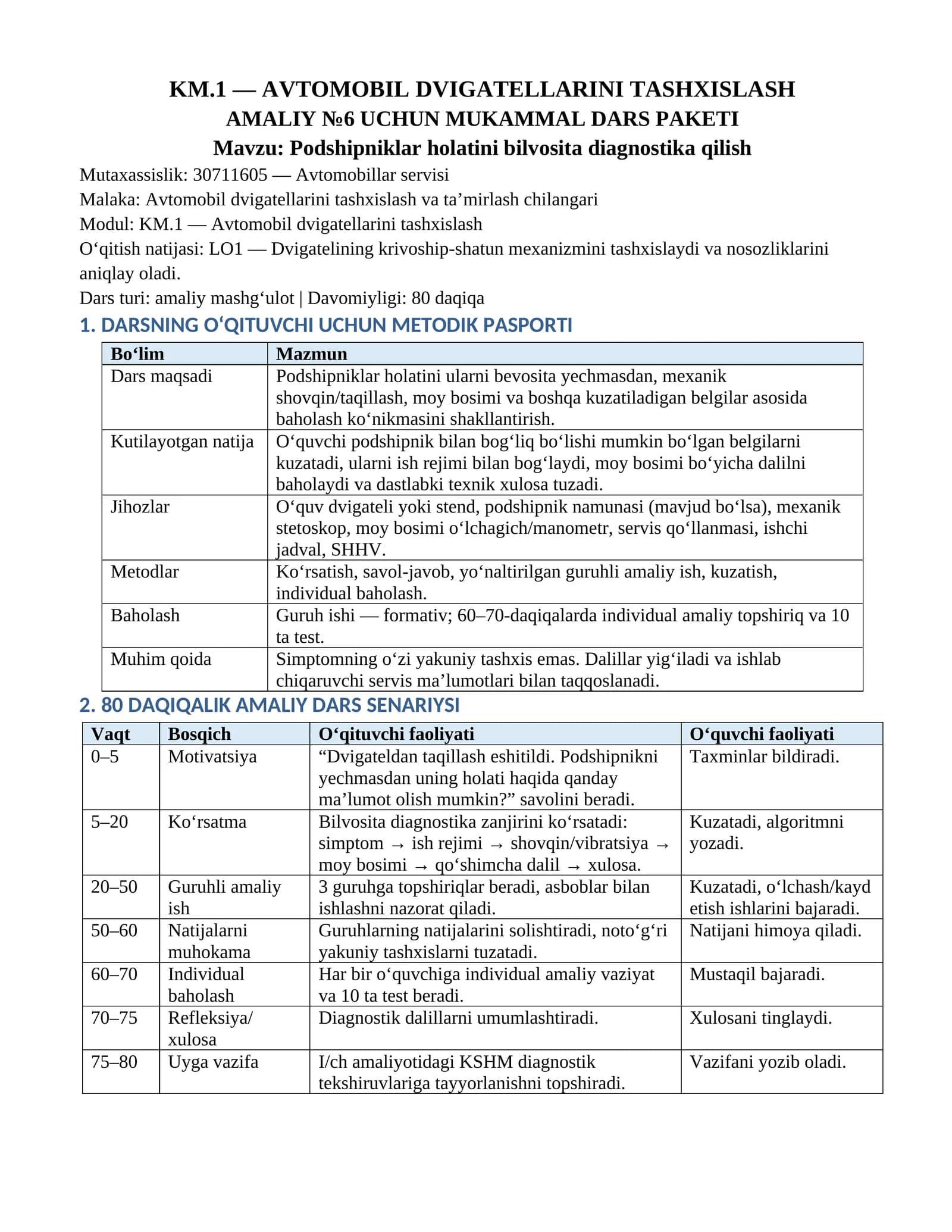 AVTOMOBIL DVIGATELLARINI TASHXISLASH AMALIY №6 UCHUN DARS PAKETI