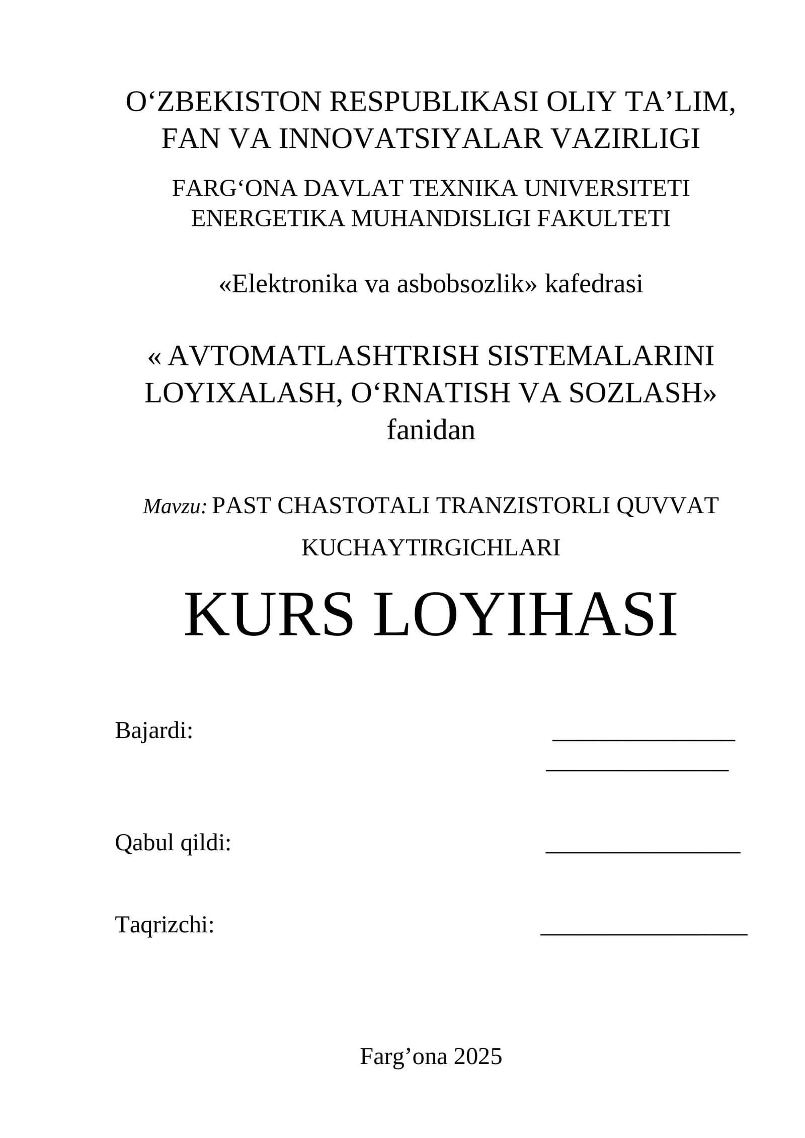 PAST CHASTOTALI TRANZISTORLI QUVVAT KUCHAYTIRGICHLARI