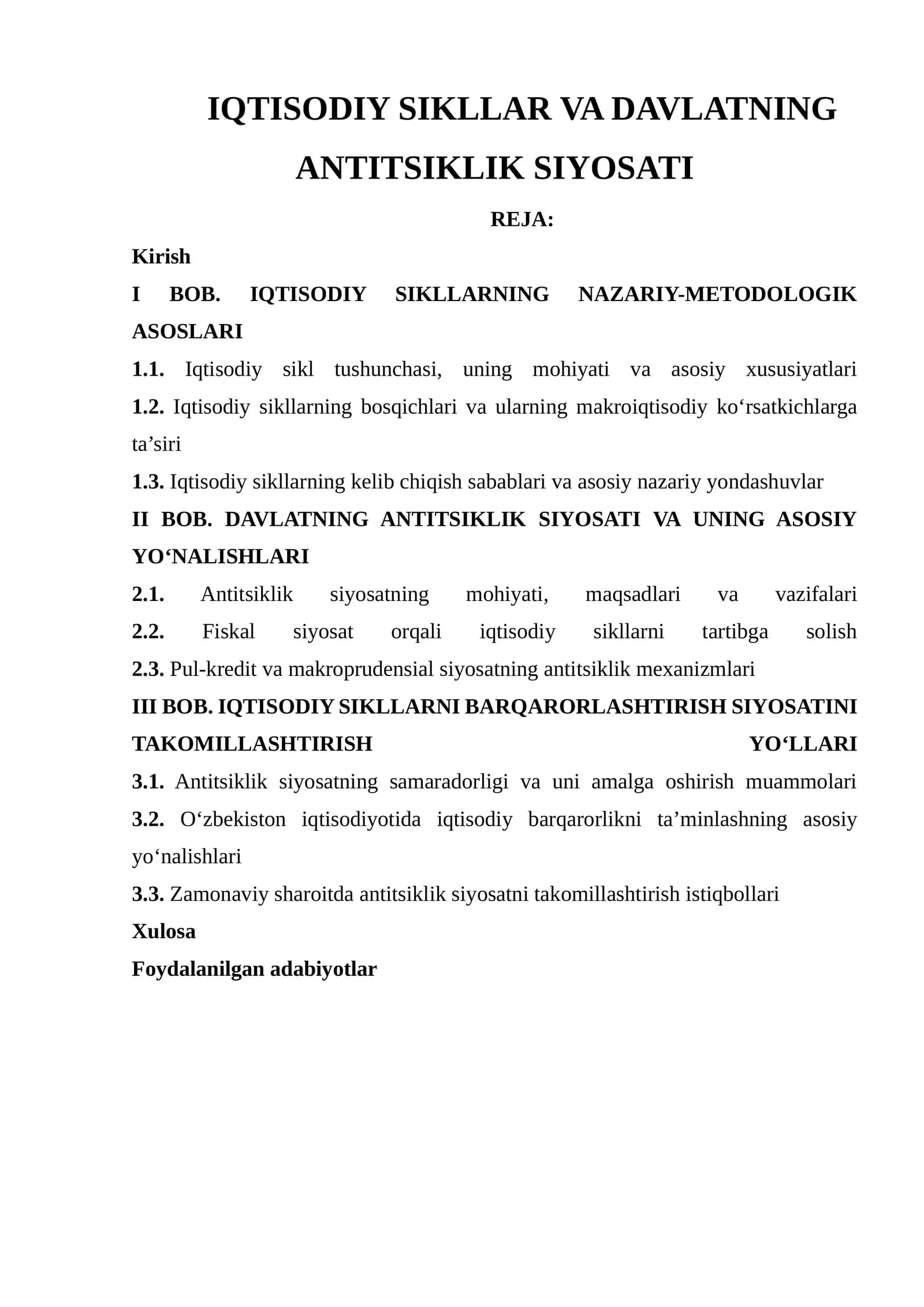 IQTISODIY SIKLLAR VA DAVLATNING ANTITSIKLIK SIYOSATI