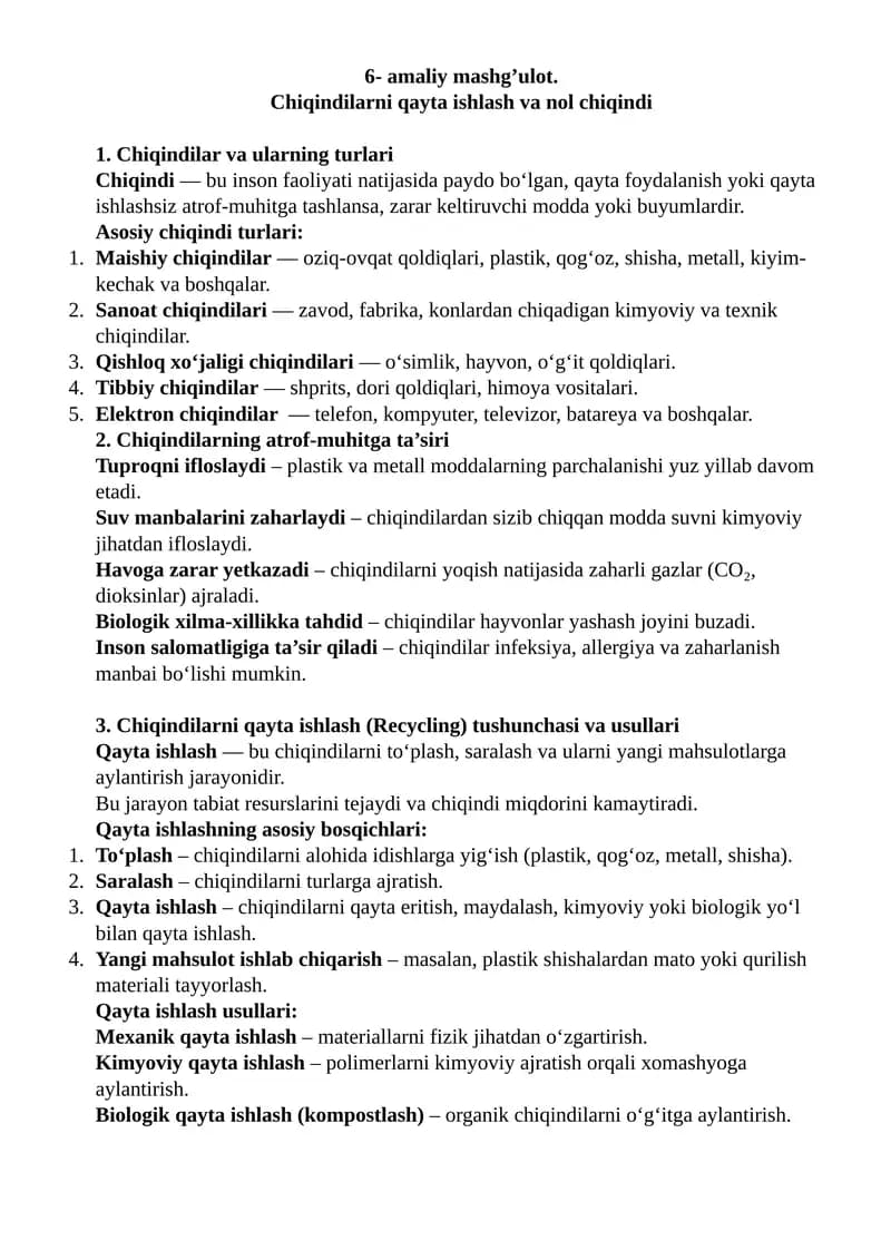 Chiqindilarni qayta ishlash va nol chiqindi
