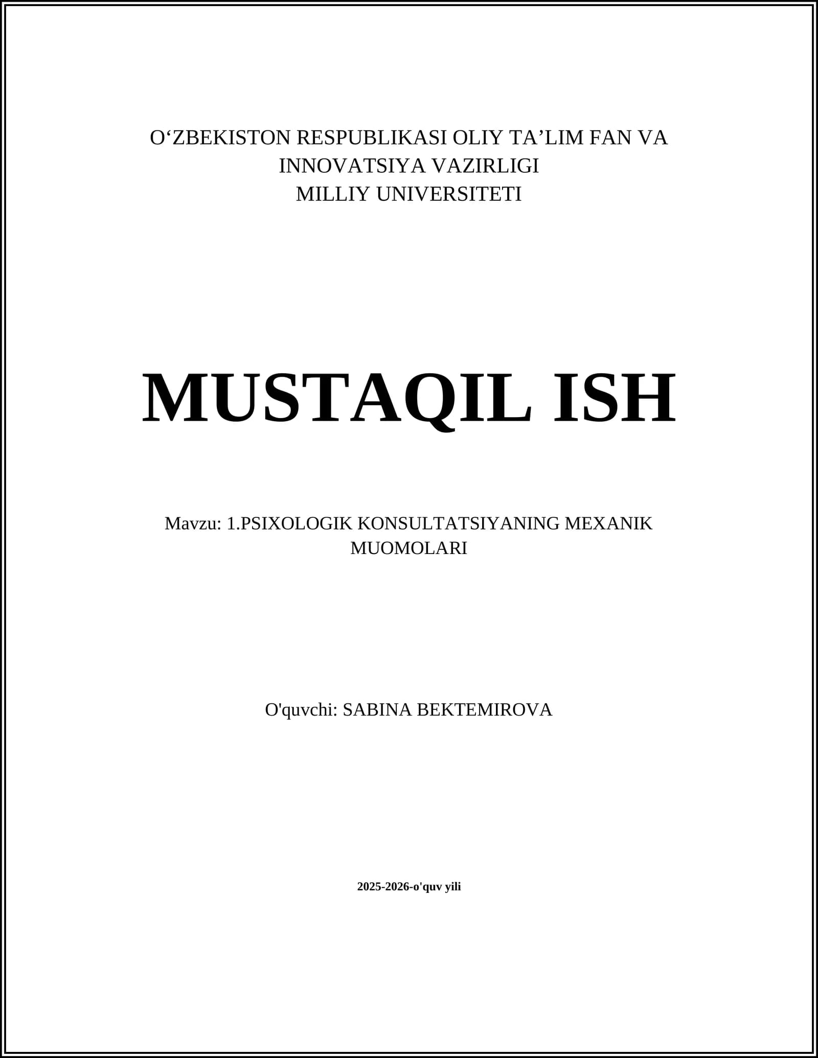 PSIXOLOGIK KONSULTATSIYANING MEXANIK MUOMOLARI