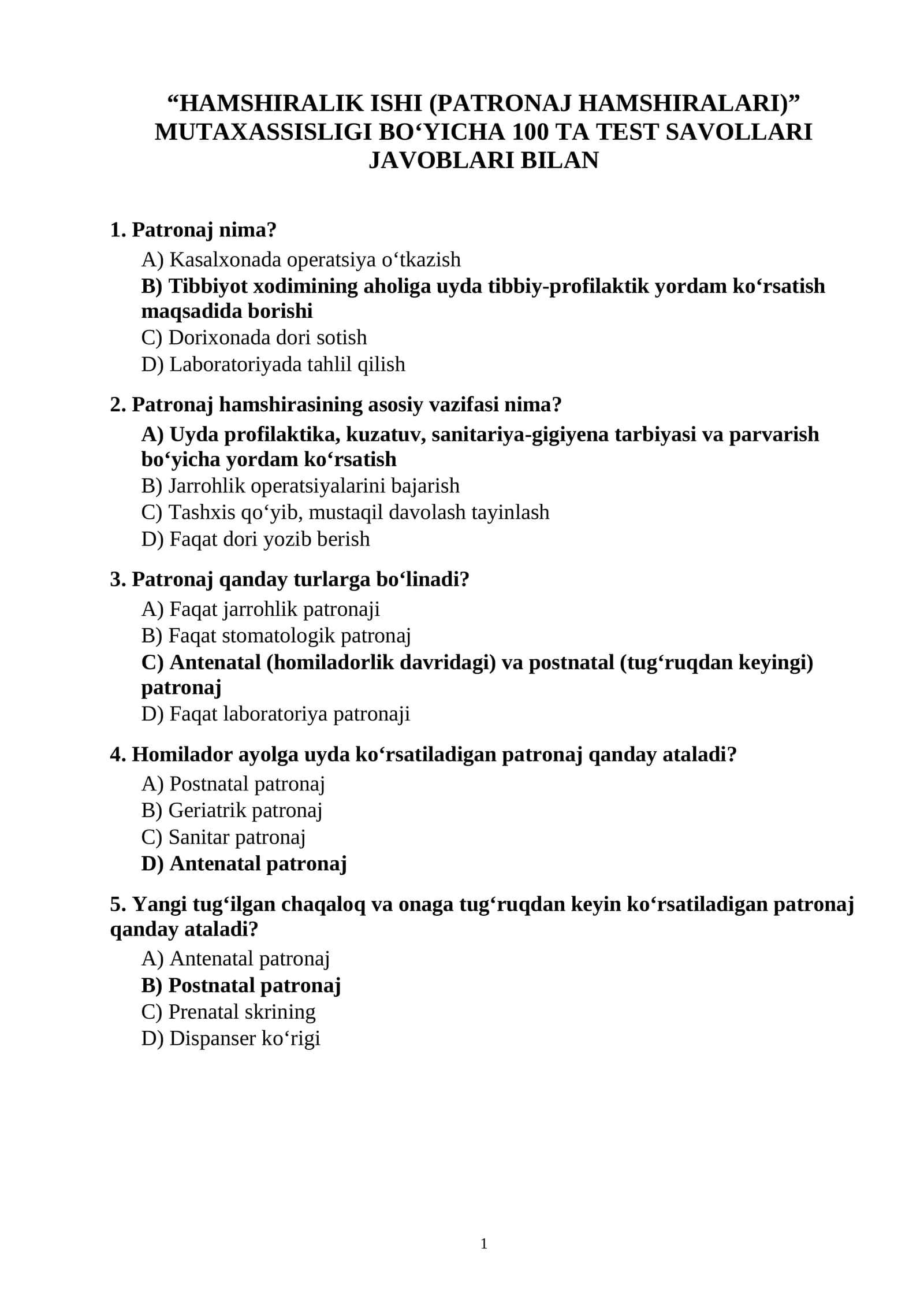 HAMSHIRALIK ISHI (PATRONAJ HAMSHIRALARI) MUTAXASSISLIGI BO‘YICHA 100 TA TEST SAVOLLARI JAVOBLARI BILAN