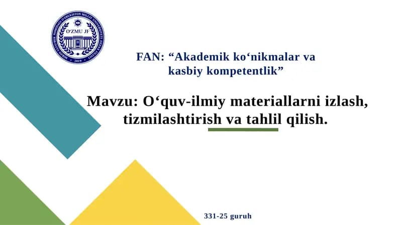 O'quv ilmiy materiallarni izlash, tizimlashtirish va tahlil qilish