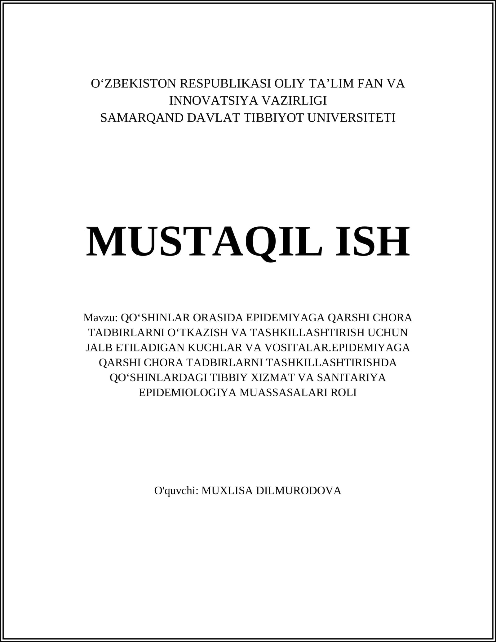 QOʻSHINLAR ORASIDA EPIDEMIYAGA QARSHI CHORA TADBIRLARNI OʻTKAZISH VA TASHKILLASHTIRISH UCHUN JALB ETILADIGAN KUCHLAR VA VOSITALAR