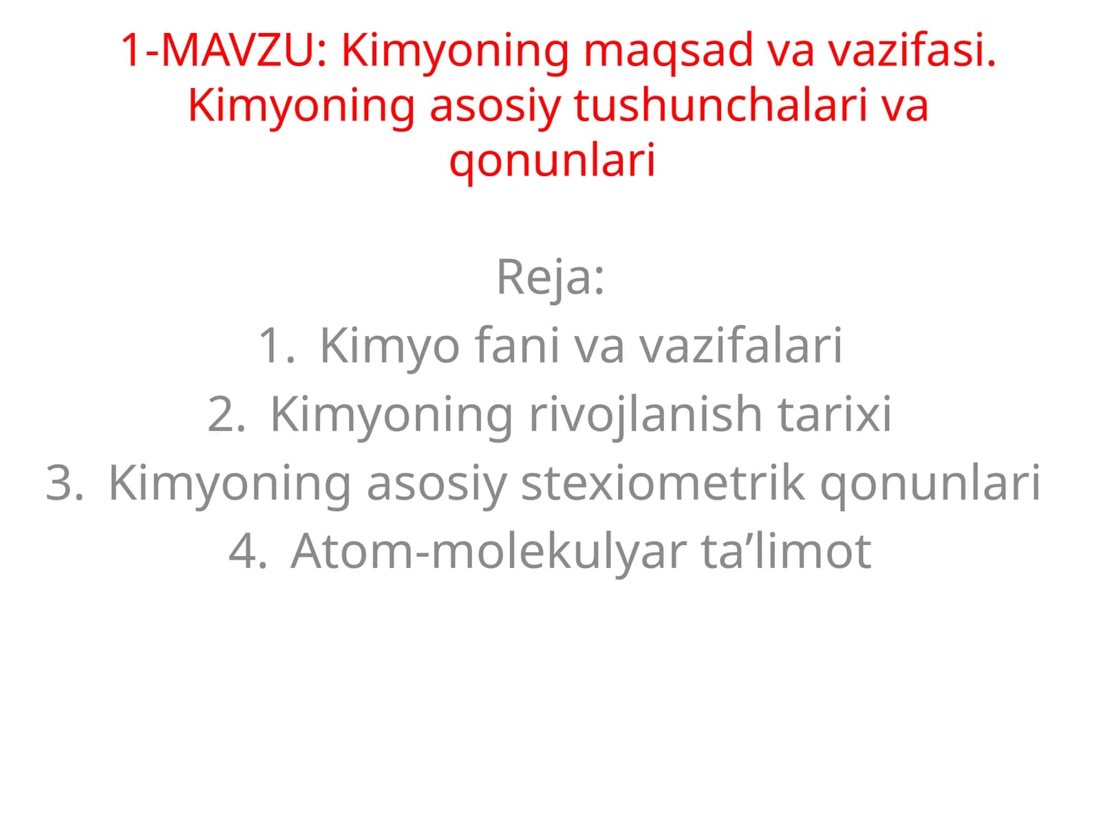 Kimyoning maqsadi va vazifasi. Kimyoning asosiy tushunchalari va qonunlari