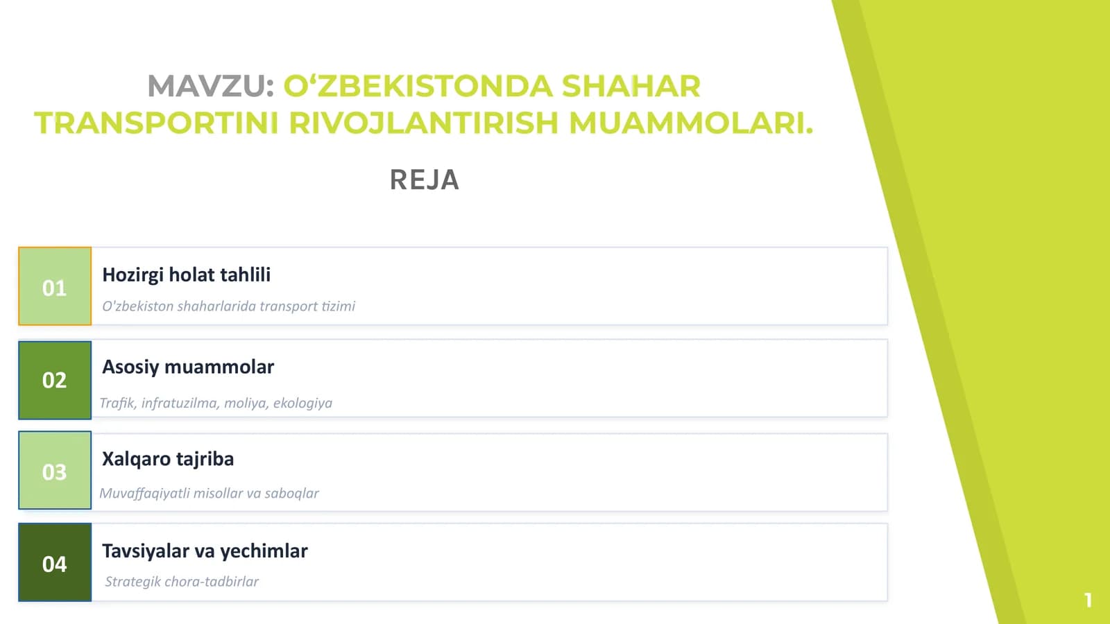 O‘ZBEKISTONDA SHAHAR TRANSPORTINI RIVOJLANTIRISH MUAMMOLARI