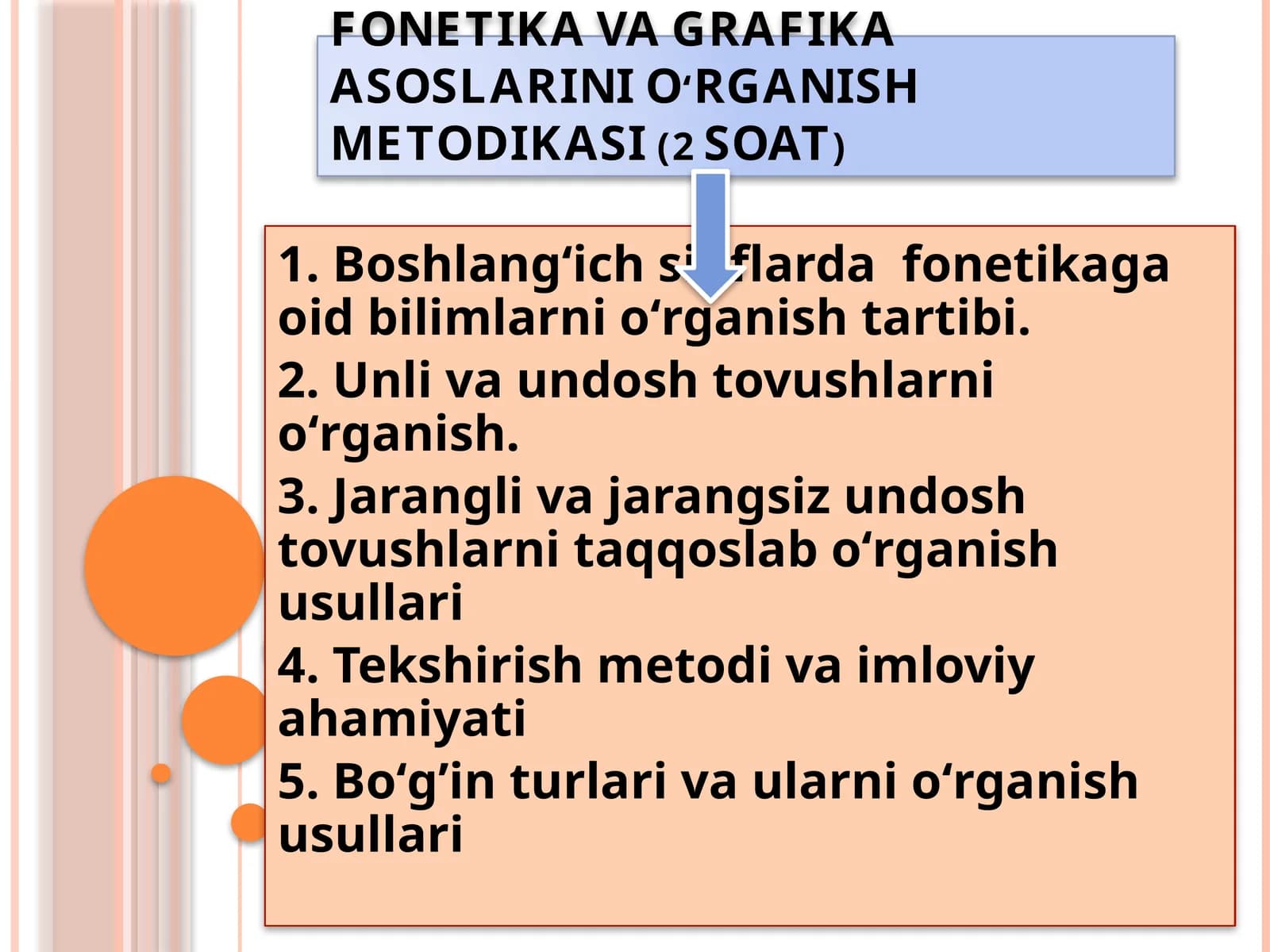 FONETIKA VA GRAFIKA ASOSLARINI OʻRGANISH METODIKASI (2 SOAT)