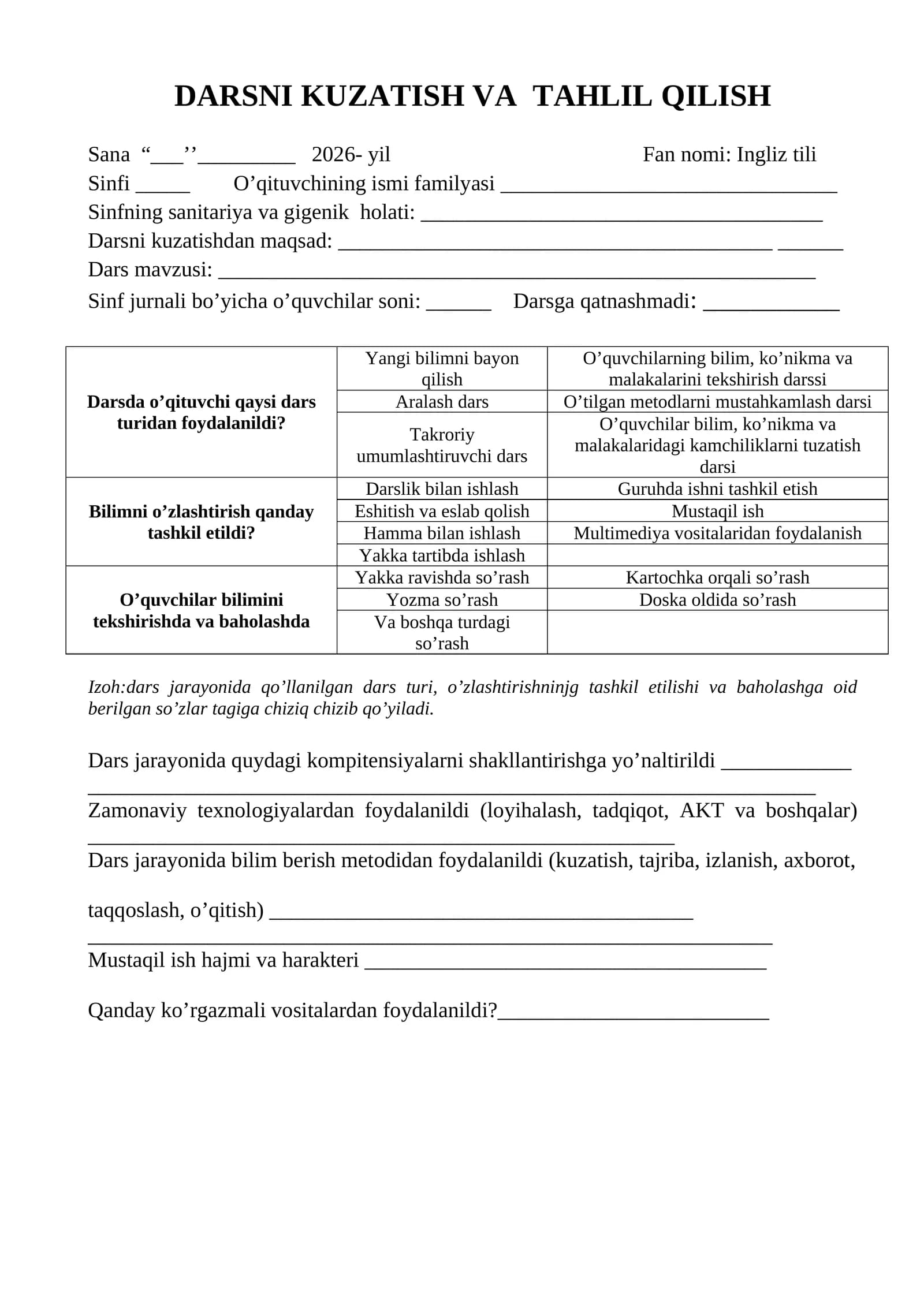 DARSNI KUZATISH VA TAHLIL QILISH