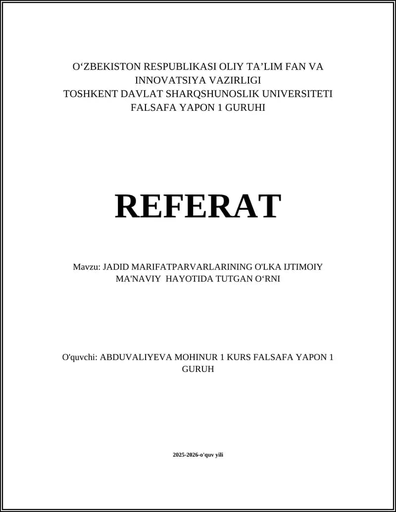 JADID MARIFATPARVARLARINING O'LKA IJTIMOIY MA'NAVIY HAYOTIDA TUTGAN OʻRNI