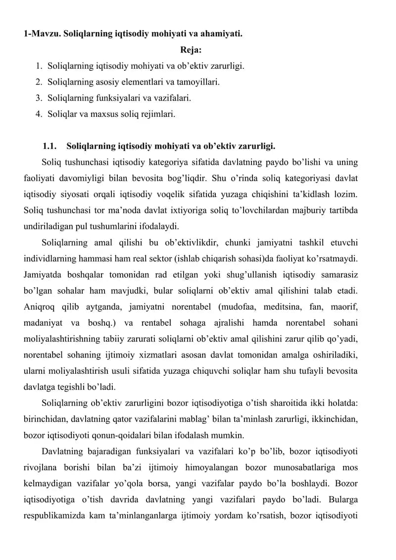 Soliqlarning iqtisodiy mohiyati va ahamiyati