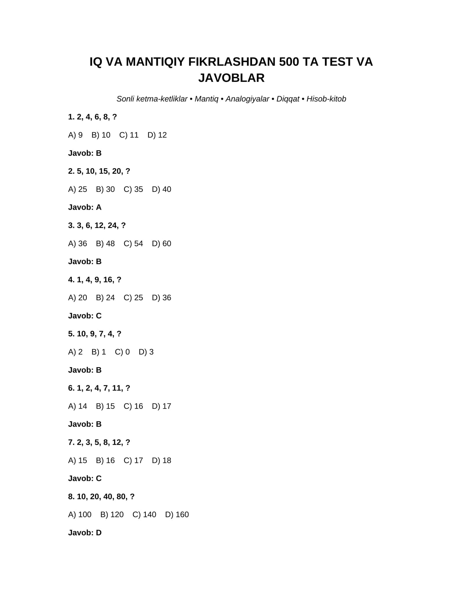 IQ VA MANTIQIY FIKRLASHDAN 500 TA TEST VA JAVOBLAR