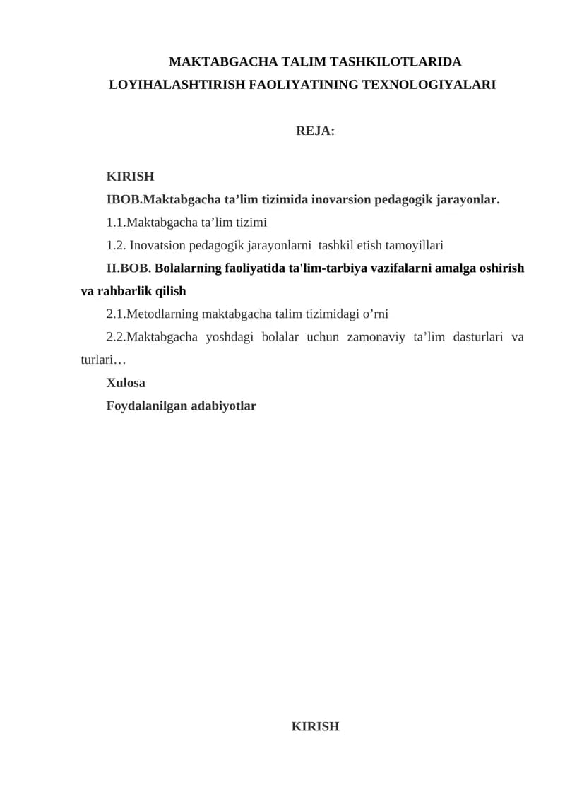 MAKTABGACHA TALIM TASHKILOTLARIDA LOYIHALASHTIRISH FAOLIYATINING TEXNOLOGIYALARI