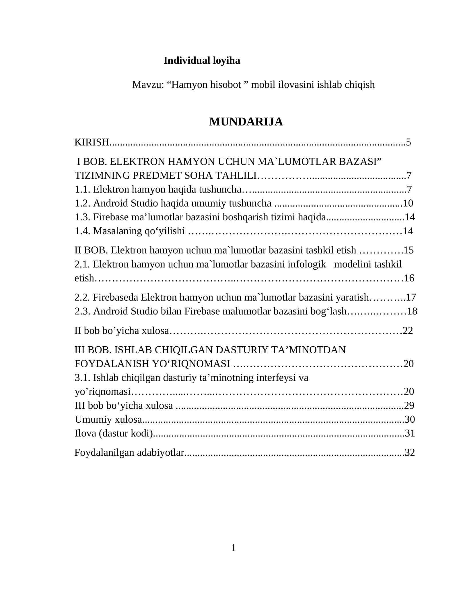 Hamyon hisobot ” mobil ilovasini ishlab chiqish  loyihasi