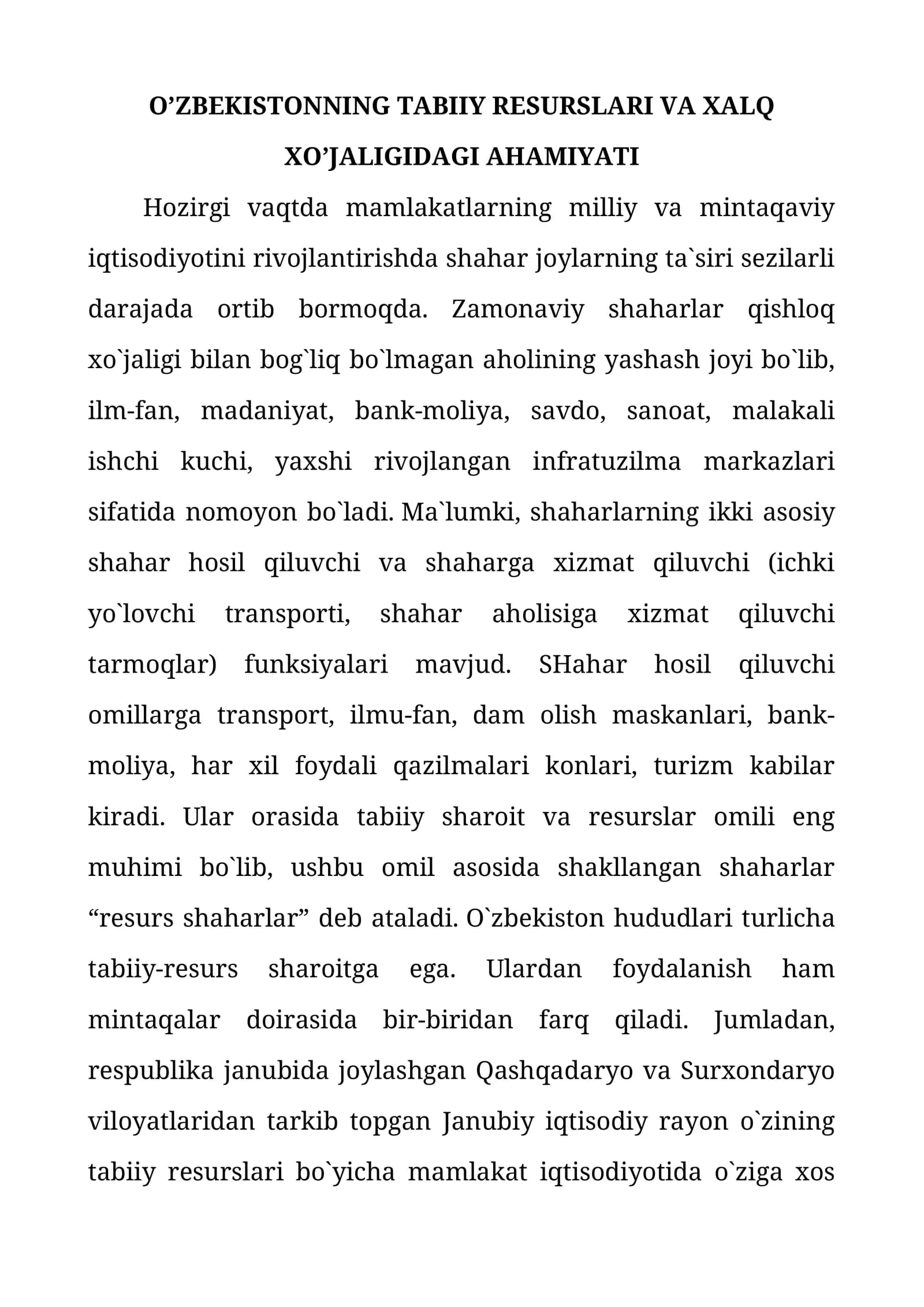O’ZBEKISTONNING TABIIY RESURSLARI VA XALQ XO’JALIGIDAGI AHAMIYATI