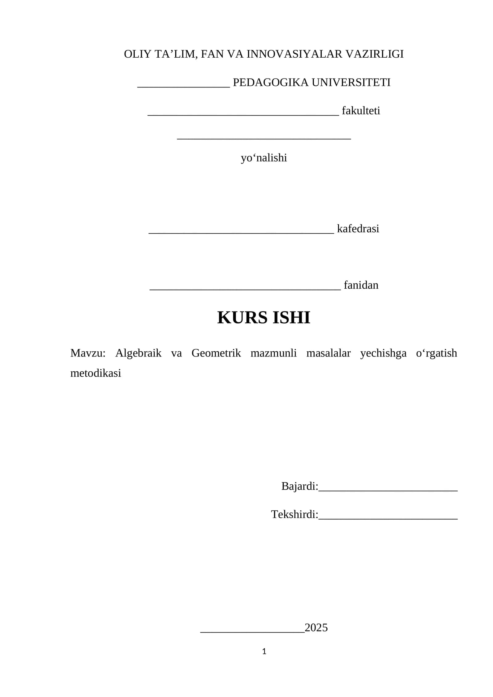 Algebraik va Geometrik mazmunli masalalar yechishga oʻrgatish metodikasi
